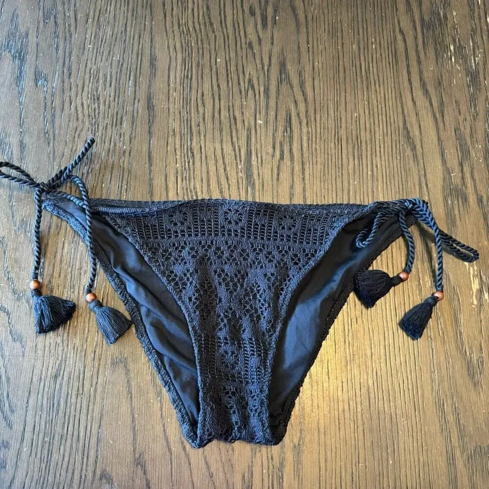 Victorias Secret Black Crocheted Side Tie Beaded Cheeky Swim Bikini Bottom Large